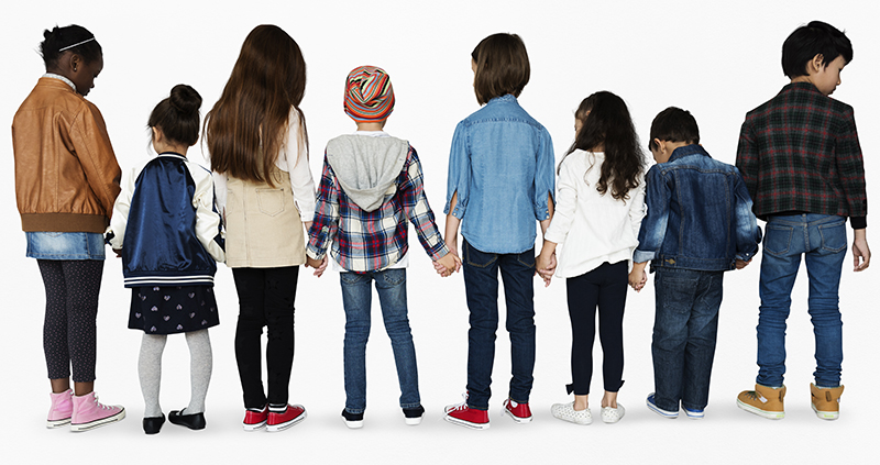 Group of diverse kids students standing in a row holdings hands